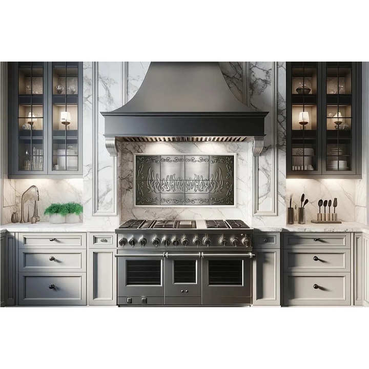 Set 8 placi metalice 100 × 50 cm cu motiv al flacarilor, lucrate manual din otel inoxidabil periat, cupru sau alama; arta decorativa moderna pentru protectia peretelui in bucatarie, semineu, living sau spatii comerciale, finisaj premium si textura unica