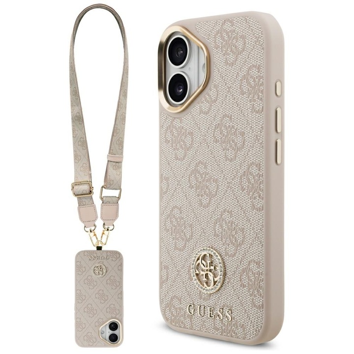 Husa Cu Grad Ridicat de Protectie pentru iPhone 17, Hardcase 4G Strass Logo & Big Strap, N40, Piele ecologica, Soft Rose