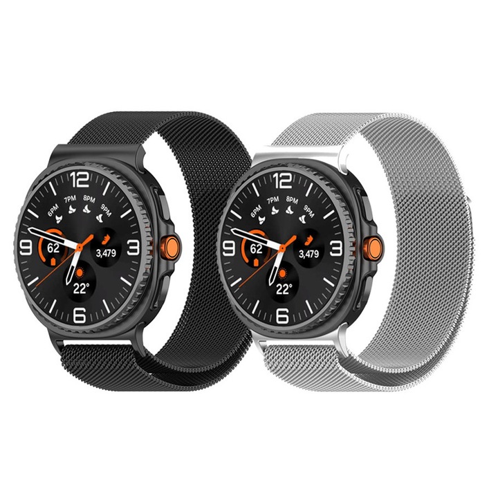 Set 2 Curea Milanese Metalica, SAFEMORE, compatibila cu Samsung Galaxy Watch 8 40/44mm, Samsung Galaxy Watch 8 Classic 46mm, Ajustabila, Prindere Magnetica, din Otel Inoxidabil, Negru/Silver