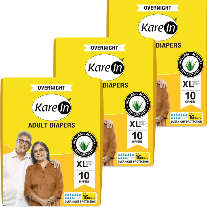 Set 30 scutece pentru adulti, KareIn Overnight, protectie 16 ore, aloe vera, alb, XL