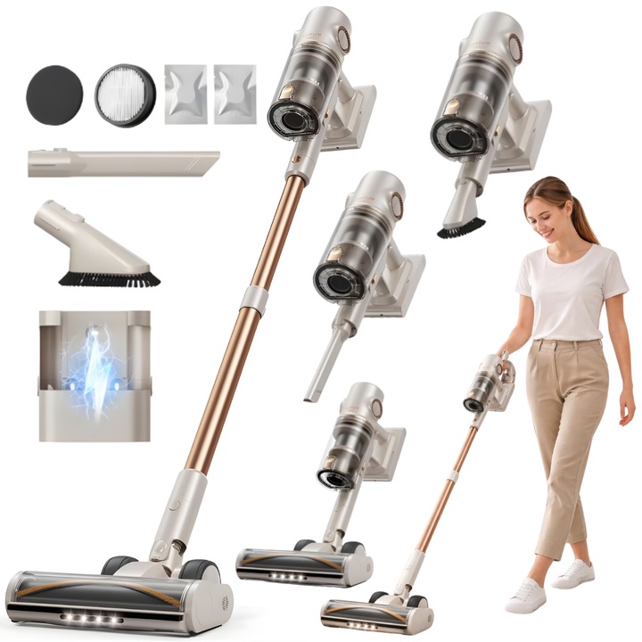 Aspirator vertical fara fir RAPAZ® P7 PRO, 600W, 50 kPa, 3 moduri inteligente, autonomie pana la 80 min, ecran Touch LED, filtrare HEPA 7 straturi, rezervor 1.5L, perie anti-incurcare, LED frontal, aspirator de mana inclus, ideal pentru par de animale