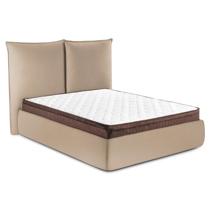 Pat Tapitat Rossi, 160x200 cm, cu somiera fixa si tablie inalta, Bej - Loft