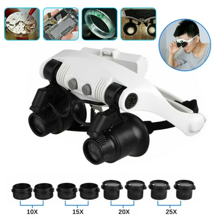 Lupa de cap cu iluminare LED, 4 perechi de lentile, mariri 10X/15X/20X/25X, alb, portabila