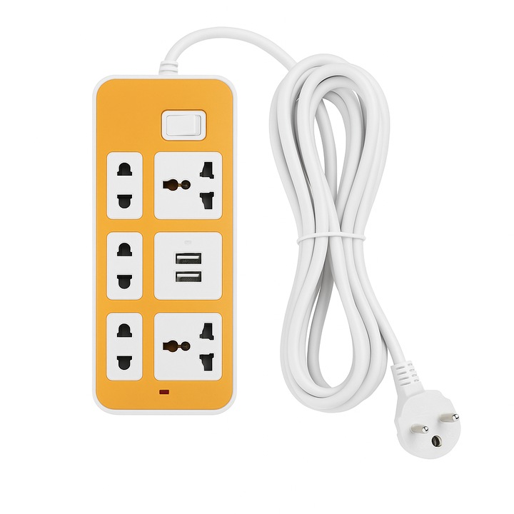 Електрически удължител с 6 универсални контакта с 2 USB порта за бързо зареждане, 5 метра кабел, защита от пренапрежение и ключ ON/OFF, модерен бяло-жълт дизайн, идеален за дома и офиса, SP-176-2