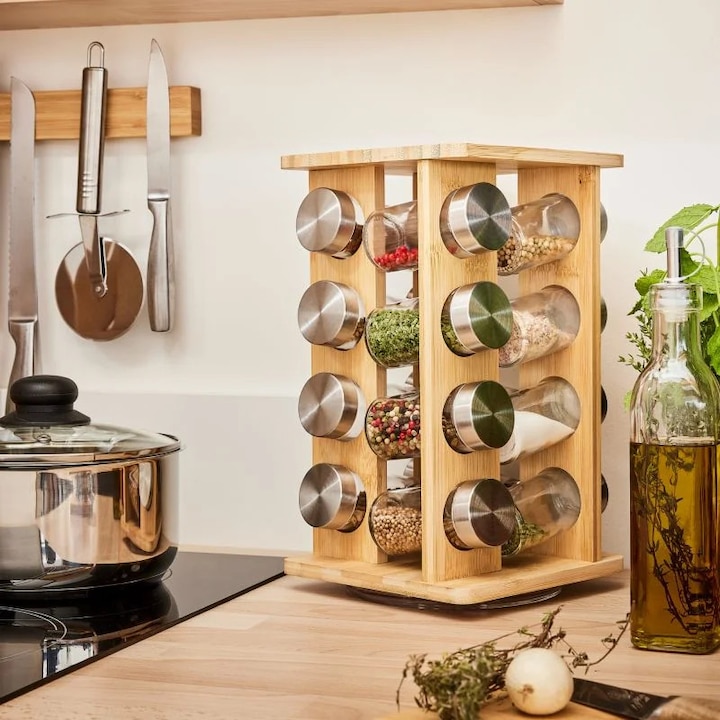 Suport condimente bambus cu 16 recipiente din sticla, 17.5 x 17.5 x 29 cm, natur