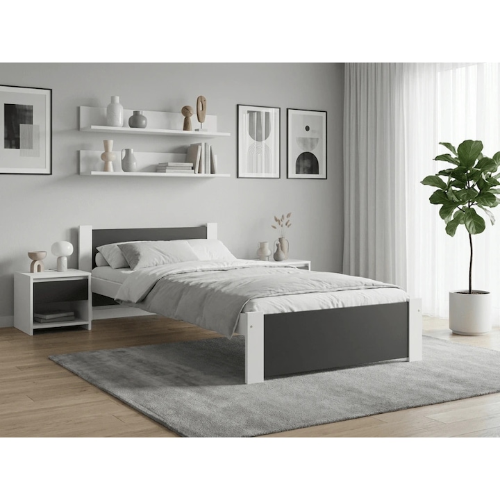 Pat de o persoana IKAROS 90 x 200 cm, antracit/alb, Saltele: Fara saltea, Somiera pat: Cu lamele drepte