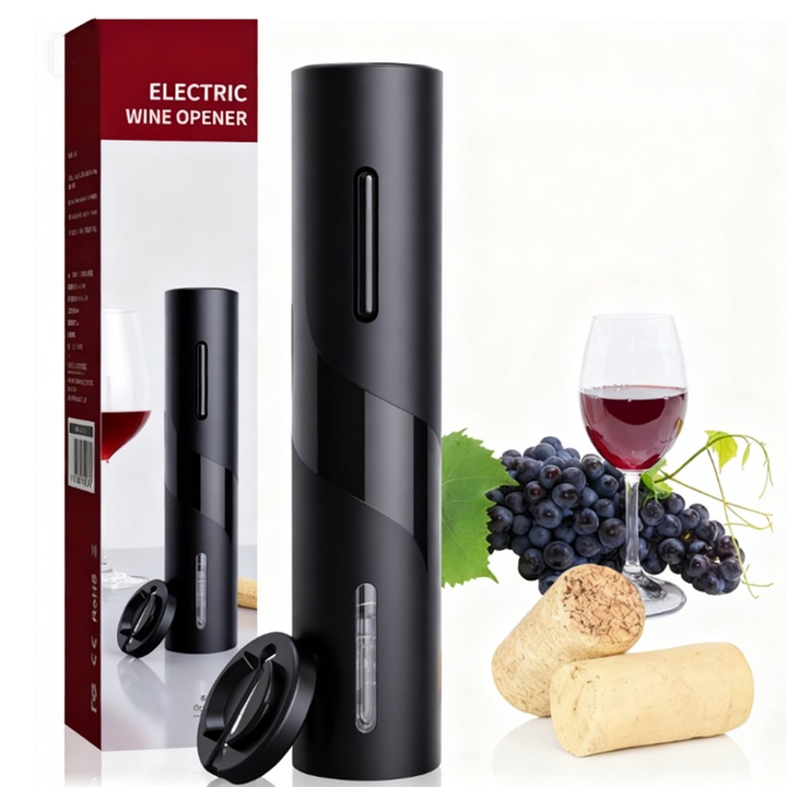Set deschizator de sticle electric cu taietor de folie, deschizator de vin, premium, multifunctional, alimentat cu baterii, negru
