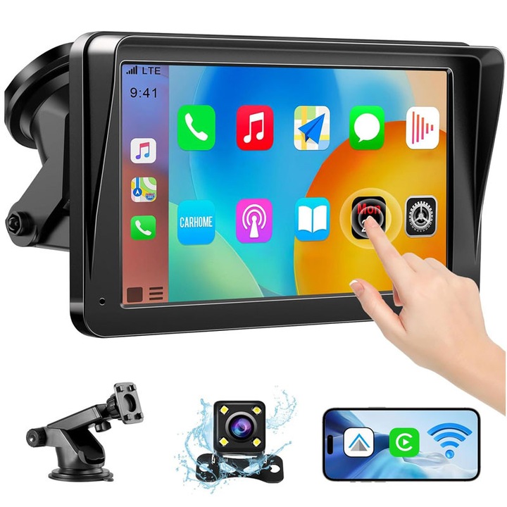 Rqiurpn GPS Navigációs rendszer, Tartóval és tapadókoronggal, Kihúzható, 7" érintőképernyő, Napellenzővel, HD 1024x600 felbontás, 1080P tolatókamerával, Bluetooth, WiFi, FM rádióval, Android Auto, Wi-Fi Carplay, Könnyen telepíthető, ABS, Fekete