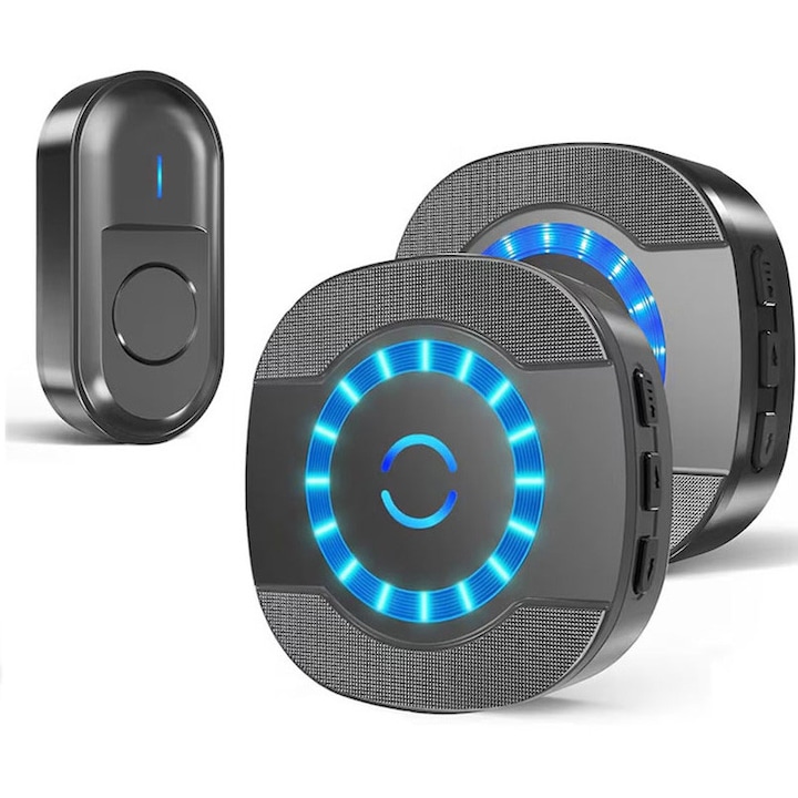 Sonerie Fara Fir/ Wireless, Omelivon, impermeabila, Lumina LED, cu 1 Transmitator/2 Receptoare, 300 Metri, 5 Nivele de Volum, 55 de Melodii, 110dB, Negru