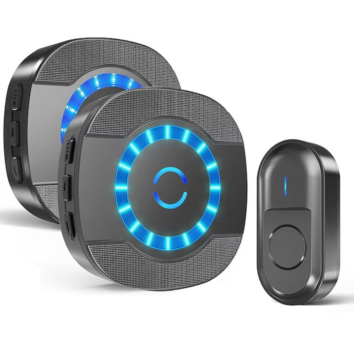 Sonerie Fara Fir/ Wireless, Omelivon, impermeabila, Lumina LED, cu 1 Transmitator/2 Receptoare, 300 Metri, 5 Nivele de Volum, 55 de Melodii, 110dB, Negru
