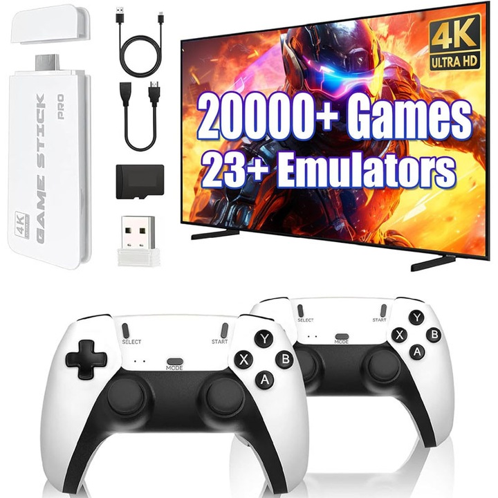 Consola de jocuri retro, Rqiurpn, Cu 2 controler wireless 2.4 GHz, 4K HDMI, 64G, 20000 de jocuri incorporate, Operare usoara si de transportat, Plug si Play, Pentru TV, Proiector, Monitor, Alb