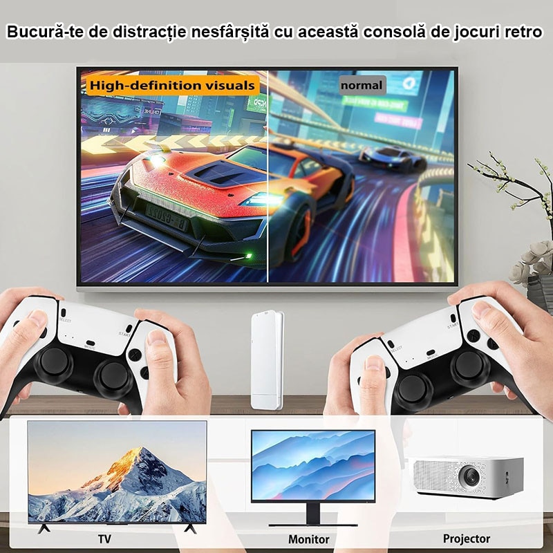Consola de jocuri retro, Rqiurpn, Cu 2 controler wireless 2.4 GHz, 4K HDMI, 64G, 20000 de jocuri incorporate, Operare usoara si de transportat, Plug si Play, Pentru TV, Proiector, Monitor, Alb