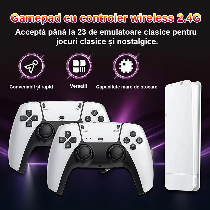 Consola de jocuri retro, Rqiurpn, Cu 2 controler wireless 2.4 GHz, 4K HDMI, 64G, 20000 de jocuri incorporate, Operare usoara si de transportat, Plug si Play, Pentru TV, Proiector, Monitor, Alb