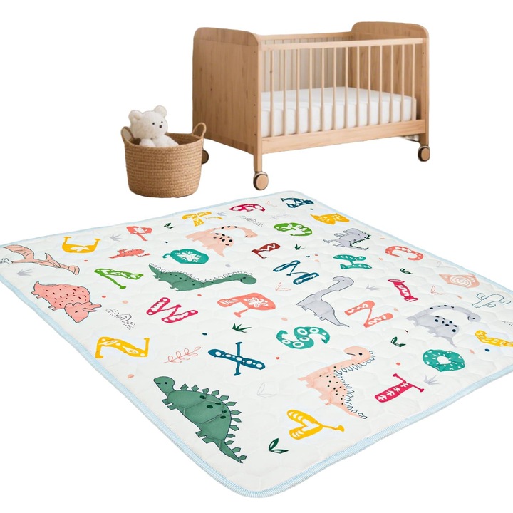 Детски килим за игра, XICENRM, дизайн на динозавър, многоцветен, 150x180см, перящ се в пералня