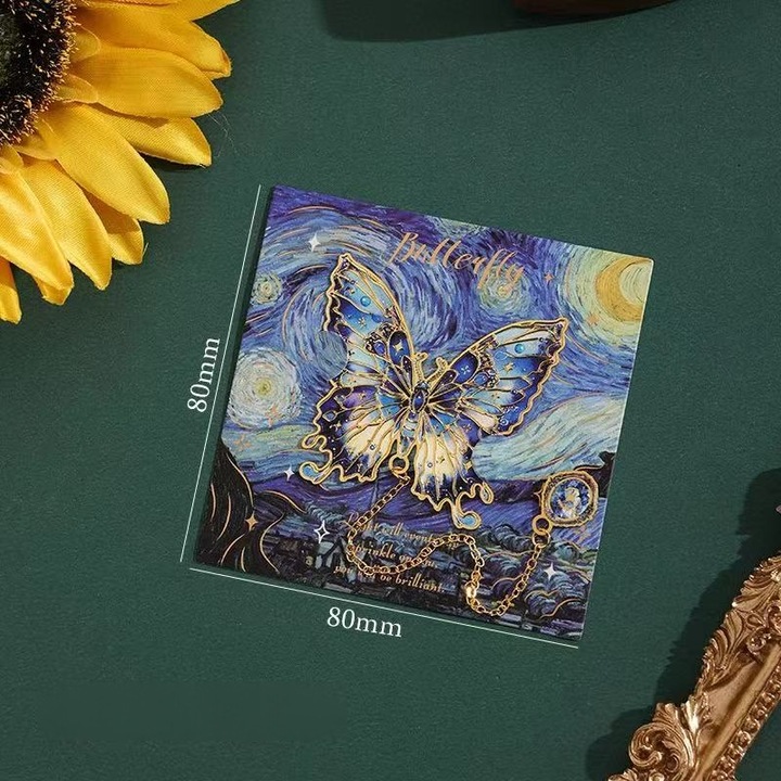 Semn de carte Fluture cu Pandantiv Metalic, Set 4 modele, 40x50 mm, Inspirat de Van Gogh, Multicolor