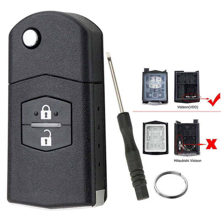 Autókulcs ház, 2 gombos, összecsukható, fekete + penge és csavarhúzók, Mazda 2 3 5 6 2004-2013, Szett