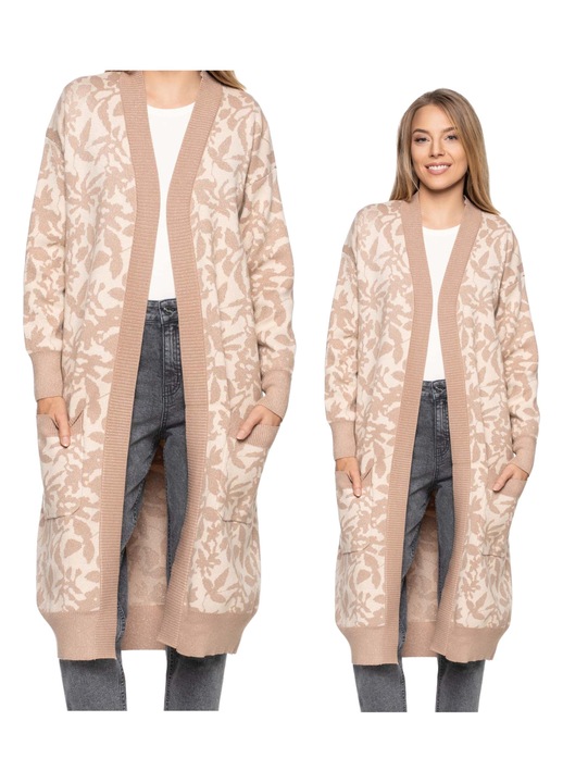 Női kardigán, Moraj, hosszú pulóver zsebekkel, bézs, puha viszkóz kötött anyag