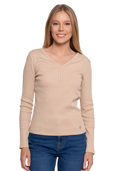 Tricou dama, Moraj, cu maneca lunga, bumbac 100%, decolteu in V, culoare uni