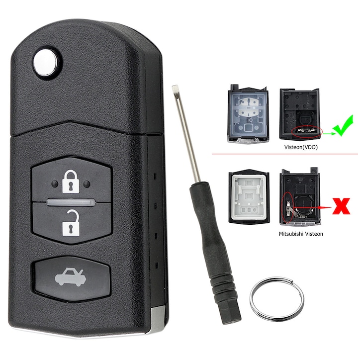 Autókulcs ház 3 gombos Mazda 2 3 5 6 RX-8 MX-5 Visteon (VDO) modellhez + billenő penge + csavarhúzó