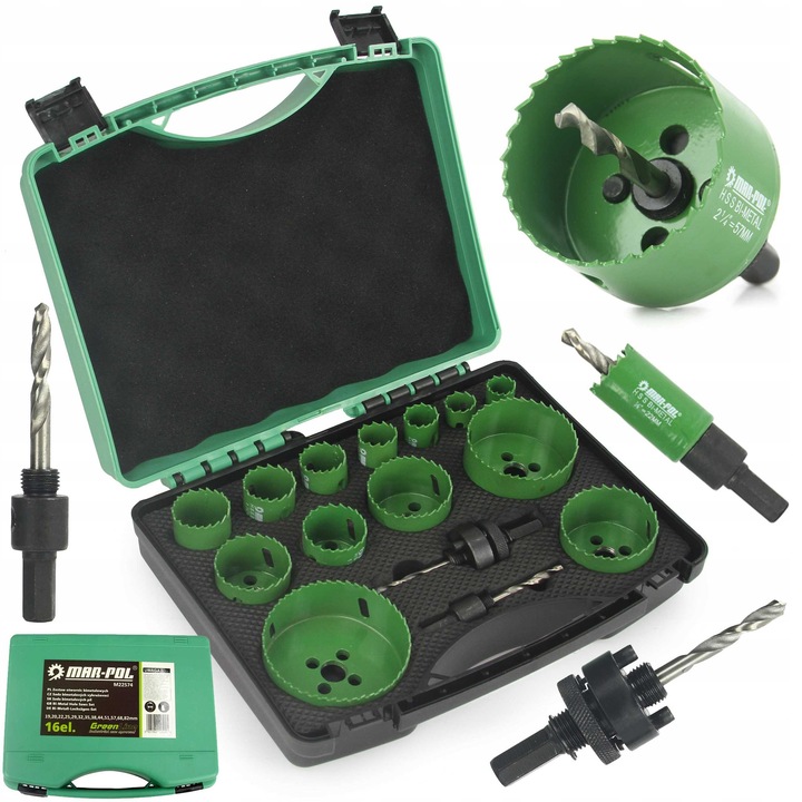 Set de 16 burghie bimetalice pentru lemn si metal, MAR-POL, diverse dimensiuni, cutie inclusa