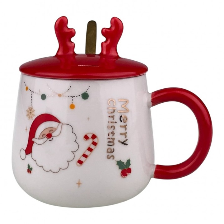 Set cana din ceramica cu capac si lingurita din metal, model ren si imprimeu Merry Christmas M1