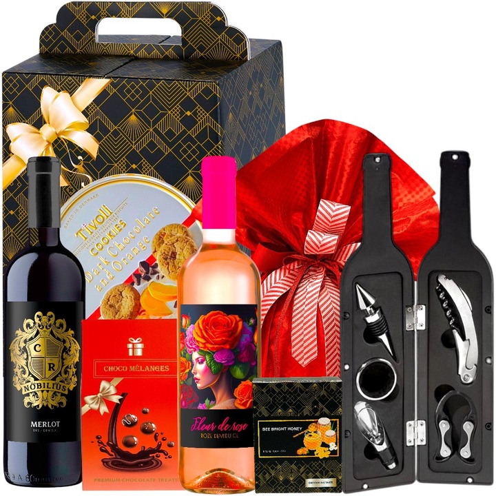 Pachet Cadouri Premium by CADOURI RAFINATE® Family Gift pentru El si Ea - Vinuri, Panettone, Miere, Dulciuri Fine si Accesorii Practice - Ambalat in Cutie Festiva - Cadou Craciun, Aniversare, Sarbatori, Onomastica
