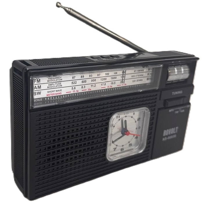Radio portabil NS - 6693 S BT, acumulator, USB, bluetooth, AUX, panou solar, ceas, negru