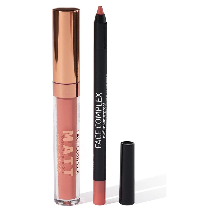 Комплект течно червило и молив за устни Face Complex, розов, издръжлив 24ч