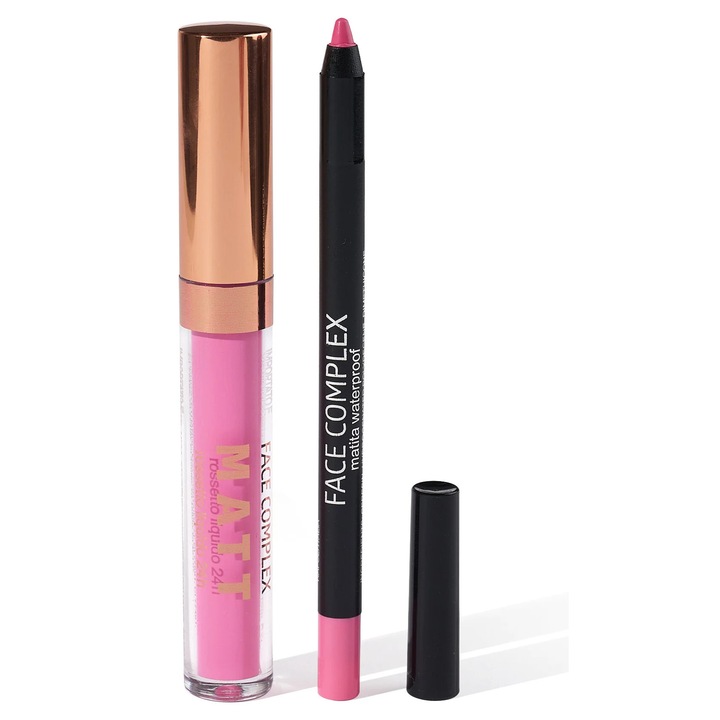 Комплект течно червило и молив за устни Face Complex, розов, 24 часа