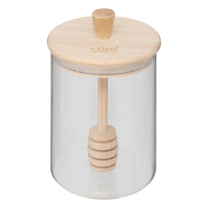 Borcan pentru miere 5Five, 12.8 x 8.5 cm, sticla si lemn, 400 ml, transparent