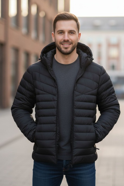 Férfi Steppelt Kabát levehető kapucnival, fekete cipzáras zsebekkel G803 11484, Fekete