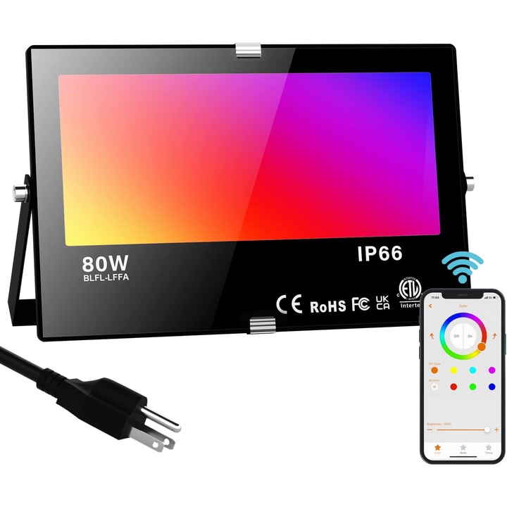 Proiector LED RGB pentru Exterior, Putere 80W, Proiector inteligent cu schimbarea culorii cu priza IP66 Impermeabil - CN