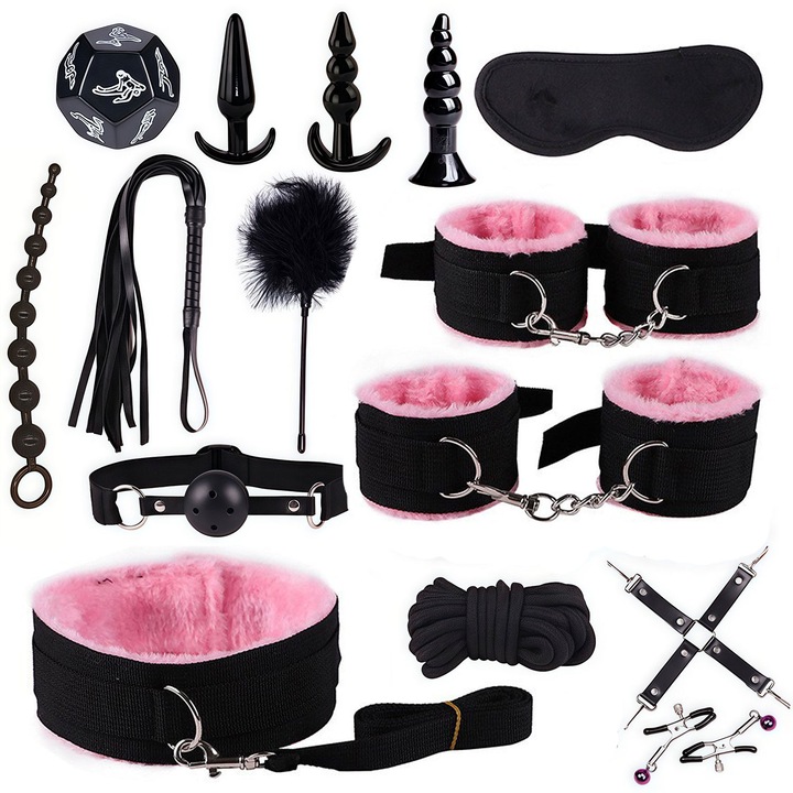 BDSM korlátozó készlet 15 darabos, TERYJN, bilincsek, nyakörv, szemkötő, állítható pántok, rózsaszín/fekete
