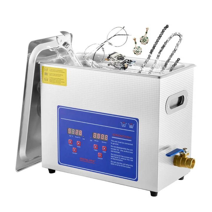 Ultrahangos tisztító, 6L, 40kHz frekvencia, rozsdamentes acél, ezüst