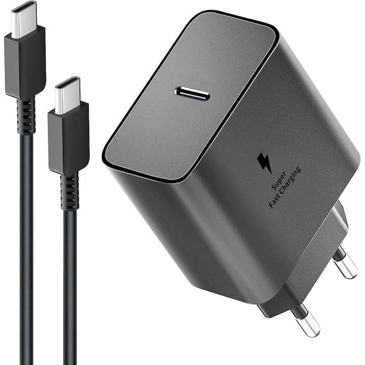 Зарядно устройство, бързо, 45W USB-C за Samsung Galaxy S25 Ultra, S24+, S23 Ultra, S22, A54, Z Fold/Flip, адаптер за стена с включен 5A кабел, черен