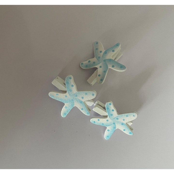 Комплект от 3 дървени куки, декорирани със сини и бели морски звезди, 0.9x1.0x1.0 см