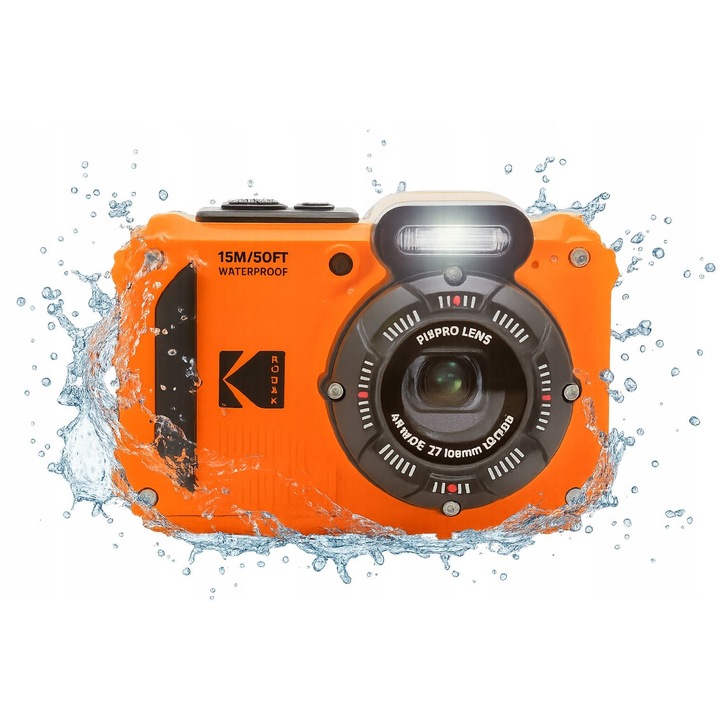 Aparat foto digital, Kodak, WPZ2, portocaliu, 16 MP, zoom optic 4x, inregistrare video Full HD 1080p, ecran LCD de 2 "7", rezistent la apa pana la 15 m, rezistent la socuri pana la 2 m, Wi-Fi, setul include: camera, cablu USB, baterie, curea, manual d