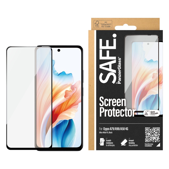 Protector de sticlă Safe pentru Oppo A58 4G, A98, A79, UWF, Negru