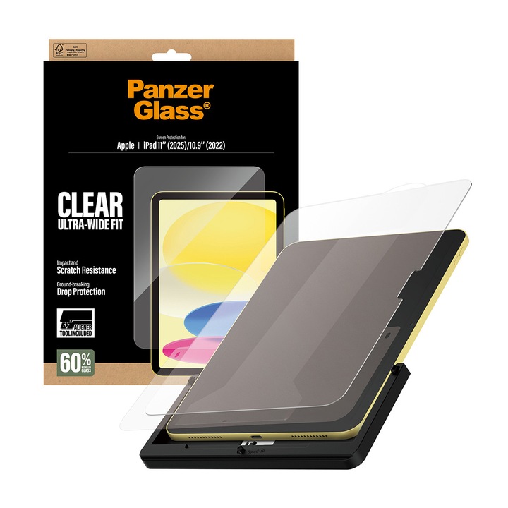 PanzerGlass képernyővédő üveg Apple iPad 11 (2025), iPad 10.9 (2022) modellekhez, UWF, telepítőkerettel, átlátszó