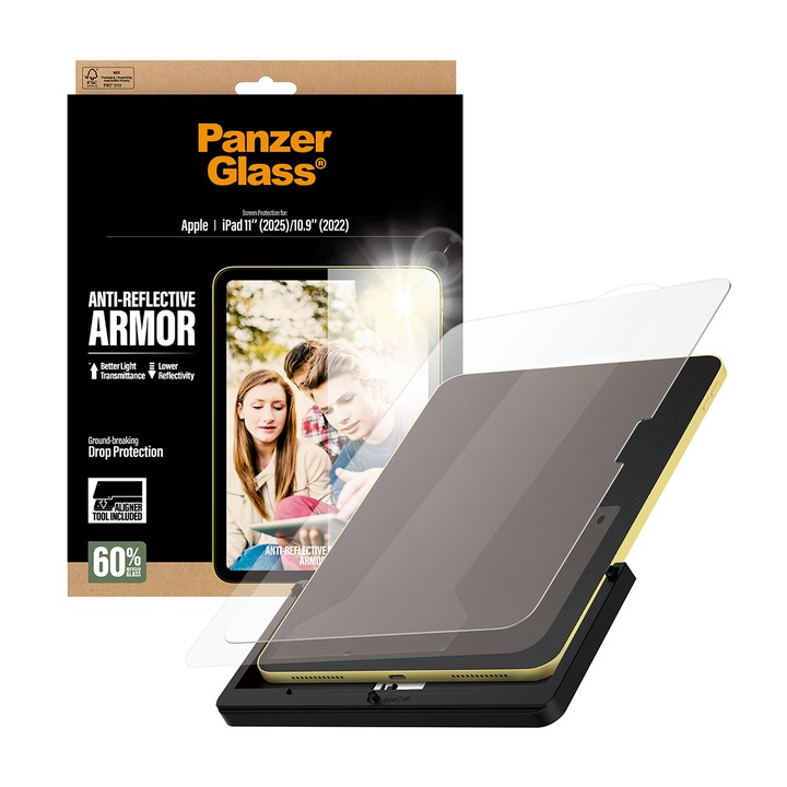 Protector de sticlă PanzerGlass pentru Apple iPad 11 (2025), iPad 10.9 (2022), UWF, cu cutie de instalare, Antireflex, Transparent