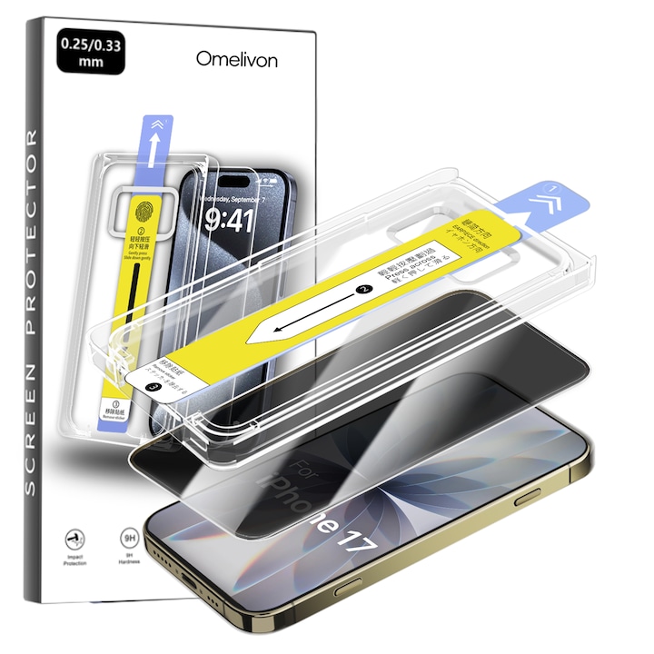 Folie Sticla Privacy pentru iPhone 17, Omelivon, Protectie Profesionala Ecran 3D, Full Cover, Margini negre, cu Kit de Aplicare Instanta si Functie Automata de Indepartare a Prafului, Sticla Securizata, Duritate 9H, Ultra HD, Anti Zgarieturi