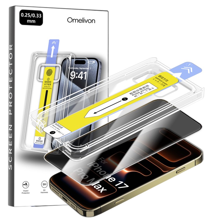 Folie Sticla Privacy pentru iPhone 17 Pro Max, Omelivon, Protectie Profesionala Ecran 3D, Full Cover, Margini negre, cu Kit de Aplicare Instanta si Functie Automata de Indepartare a Prafului, Sticla Securizata, Duritate 9H, Ultra HD, Anti Zgarieturi