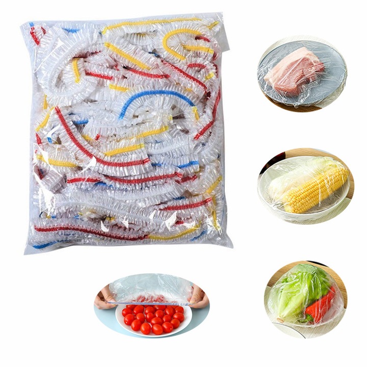 Set de 100 de capace pentru castron si protectie alimentara, PVC transparent cu elastic, etansare elastica, rezistent la praf, rezistent la caldura, rezistent la miros, castrone de gratar, potrivite pentru alimente, legume, universal, multicolor