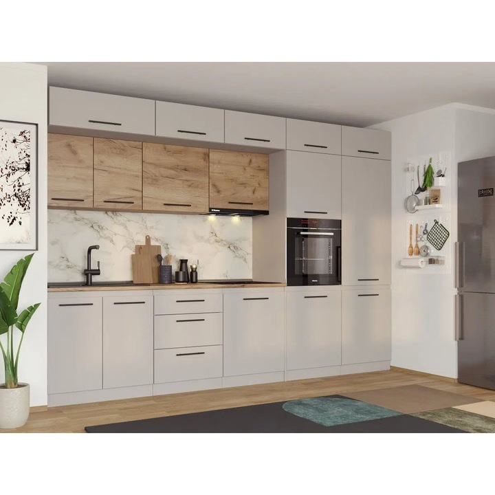 Set Mobila Bucatarie, Linea 320cm, Casmir/Stejar, C28, Pal Melaminat