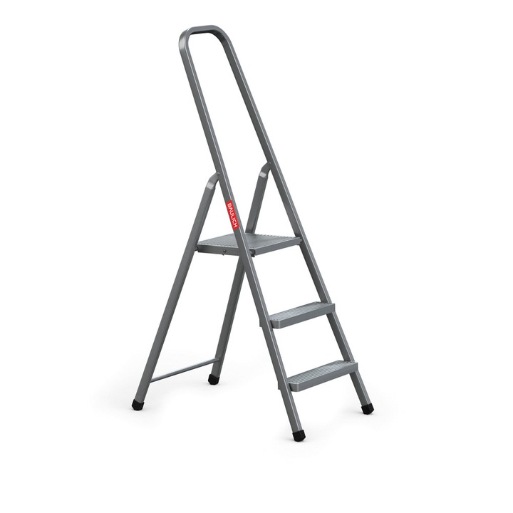 Acél létra, Baulich Home, összecsukható, 3 fok, szürke, magasság 257 cm, teherbírás 125 kg, praktikus és kompakt háztartási létra