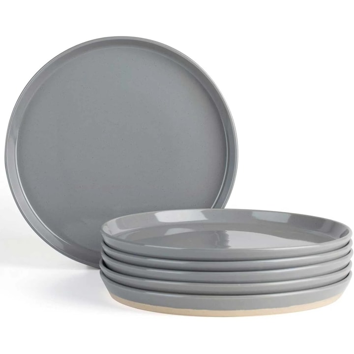 Set 4 farfurii intinse, farfurii ceramica, 27 cm, gri inchis cu puncte negre si baza mata, Callena Saturn