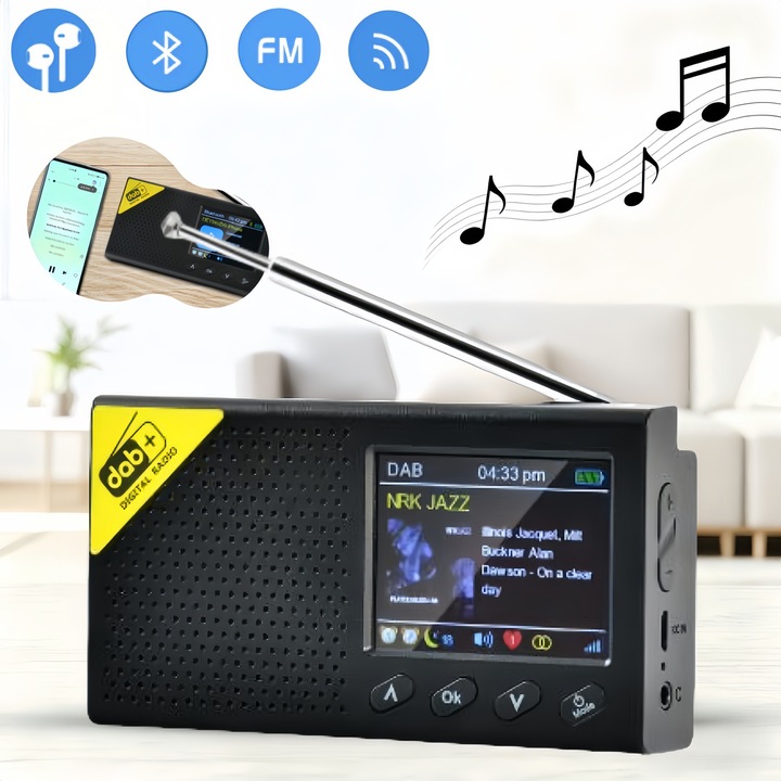 Радио Портативно, MOSMAOO®, DAB Радио, Дигитално радио, DAB/DAB+, FM, Bluetooth 5.0, Портативно, LCD 2.4 инча, USB-C, Аларма, Телескопична антена, Черно
