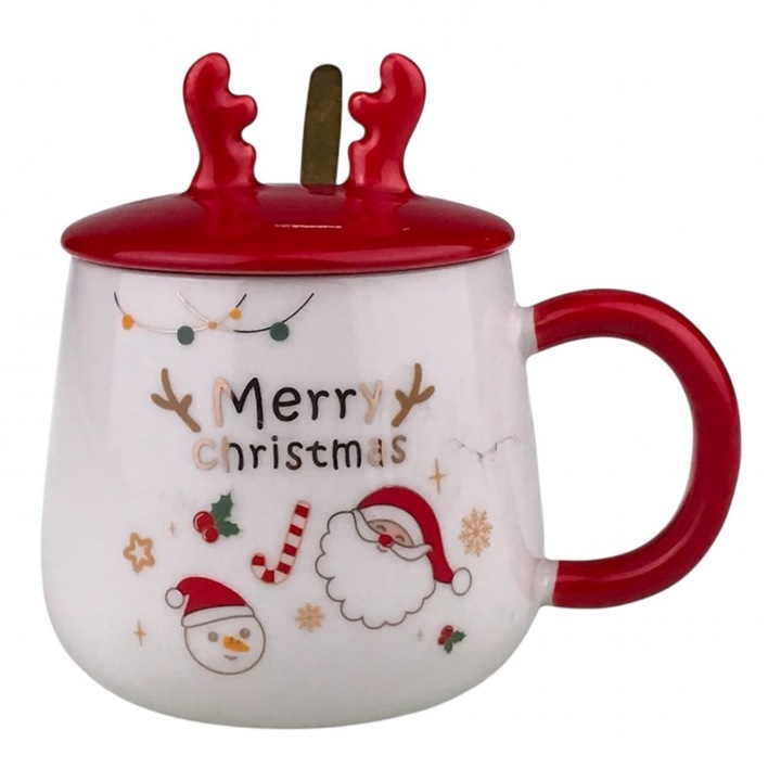 Set cana din ceramica cu capac si lingurita din metal, model ren si imprimeu Merry Christmas M2