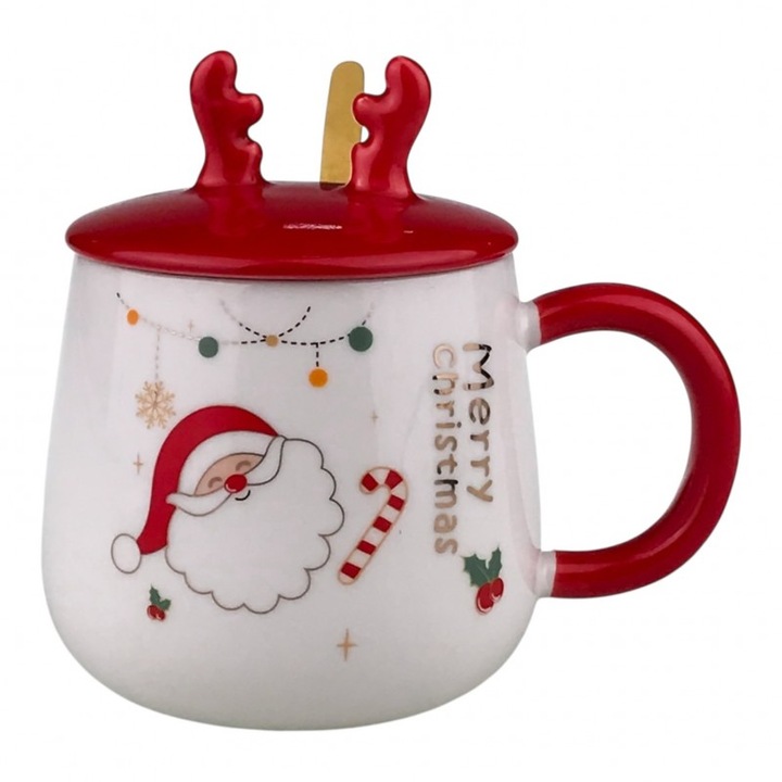 Set cana din ceramica cu capac si lingurita din metal, model ren si imprimeu Merry Christmas M3