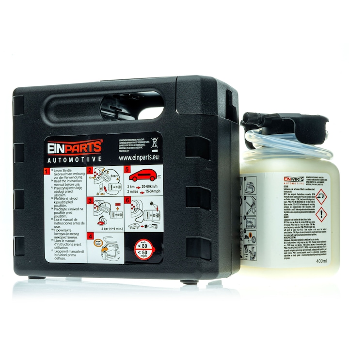 Compresor auto Einparts Automotive EPAP09, 120W, set cu lichid de etansare 400 ml, accesorii incluse